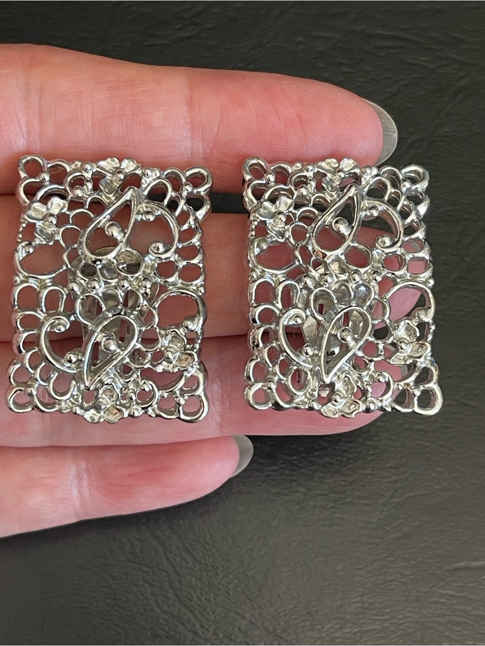 Vintage Emmons Silver Filigree Rectangle Clip-On Earrings.